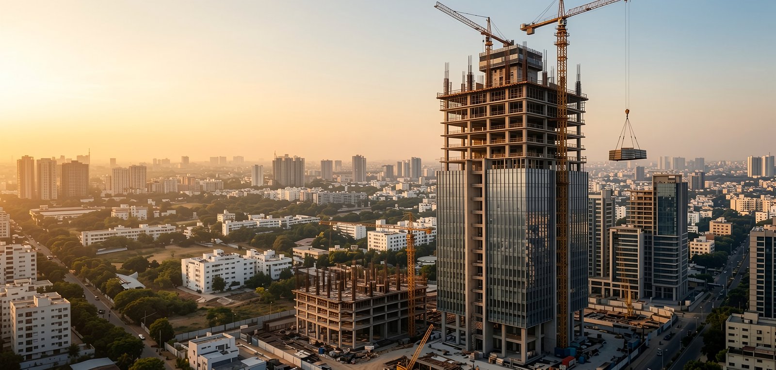 High-rise buildings and tower cranes on a civil construction site